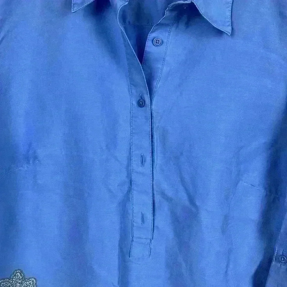 Talbots Womens Tunic Blue M 3/4 Button Front Long Sleeves Paisley Border Classy - Picture 5 of 11